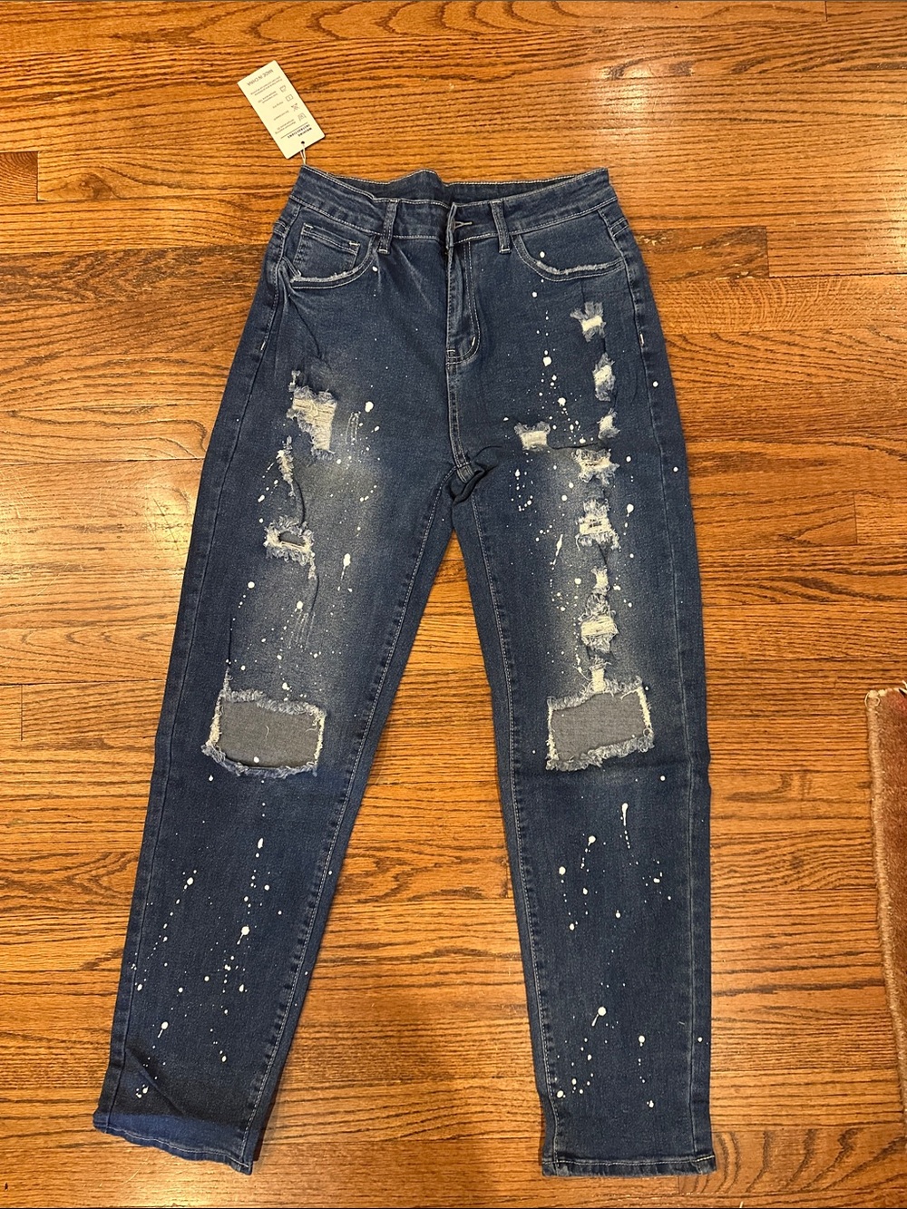 Boyfriend Jeans with Distressed & Paint-Splatter Detail - Dark Blue